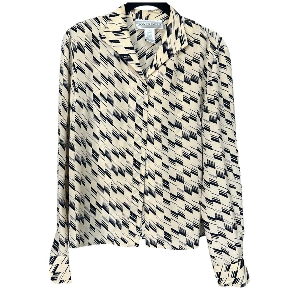 Jones Wear 100% Silk Button Down Women’s Vintage Blouse Top Black Cream Size 12